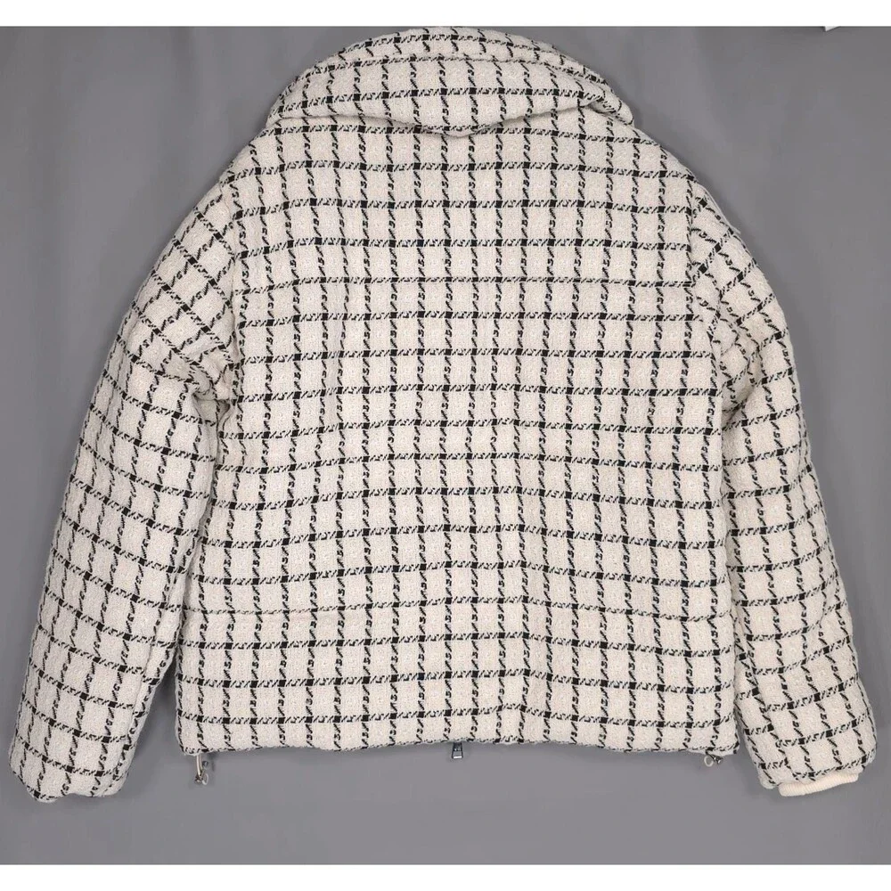 JASON WU New Women’s MEDIUM Quiet Luxury Ivory Plaid Tweed‎ PUFFER Jacket Cozy
